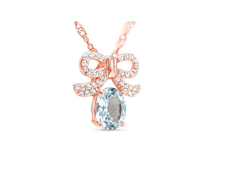 Oval Aquamarine and Cubic Zirconia 18K Rose Gold Over Sterling Silver Pendant with chain, 3.35ctw