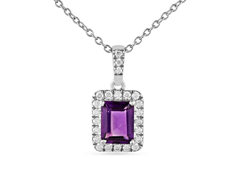 Amethyst with Moissanite Accents Rhodium Over Sterling Silver Halo Pendant with Chain