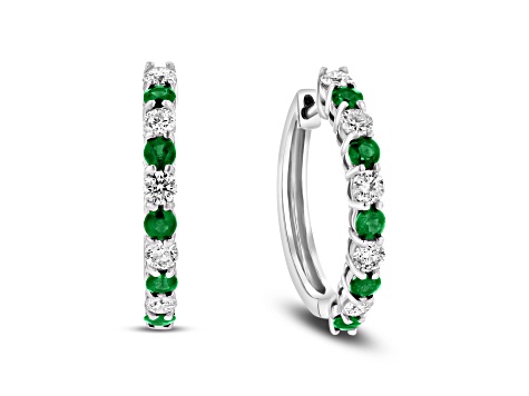 1.35ctw Emerald and Diamond Hoop Earrings in 14k White Gold
