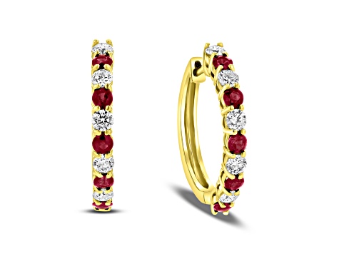 1.35ctw Ruby and Diamond Hoop Earrings in 14k Yellow Gold