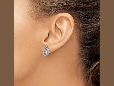 Rhodium Over 14k White Gold Diamond Anchor Stud Earrings