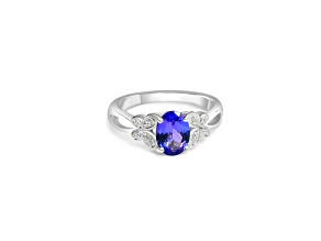 8x6mm Oval Tanzanite and White CZ Rhodium Over Sterling Silver Ring, 1.19ctw