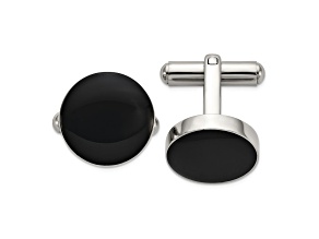 Stainless Steel Polished with Black Enameled Center Cuff Links