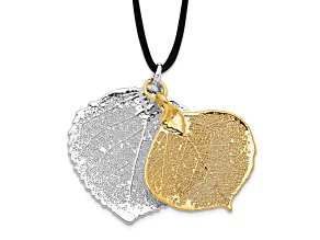Sterling Silver and 24k Yellow Gold Dipped Double Aspen Leaf 20 Inch Leather Cord Necklace