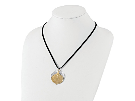 Sterling Silver and 24k Yellow Gold Dipped Double Aspen Leaf 20 Inch Leather Cord Necklace