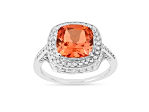 Rhodium Over Sterling Silver Lab Created Padparadscha Sapphire Cushion Cut Ring 2.39ctw