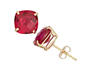 Cushion Lab Created Ruby 10K Yellow Gold Earrings 3.10ctw