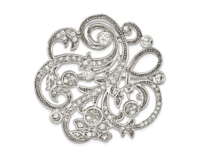 Rhodium Over Sterling Silver Polished Cubic Zirconia Filigree Floral Vintage Style Pin Brooch