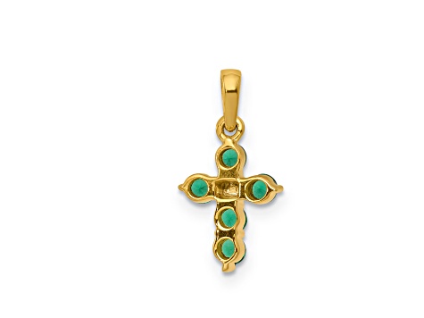 14k Yellow Gold and Rhodium Over 14k Yellow Gold Emerald and Diamond Cross Pendant
