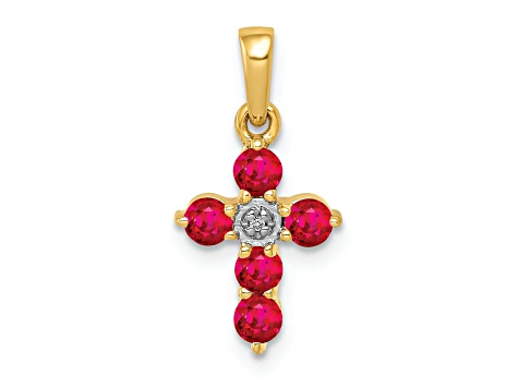 14k Yellow Gold and Rhodium Over 14k Yellow Gold Ruby and Diamond Cross Pendant