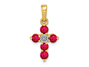 14k Yellow Gold and Rhodium Over 14k Yellow Gold Ruby and Diamond Cross Pendant