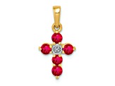 14k Yellow Gold and Rhodium Over 14k Yellow Gold Ruby and Diamond Cross Pendant