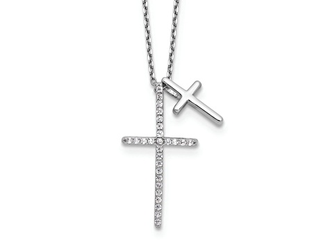 Rhodium Over Sterling Silver with Cubic Zirconia Double Cross 18