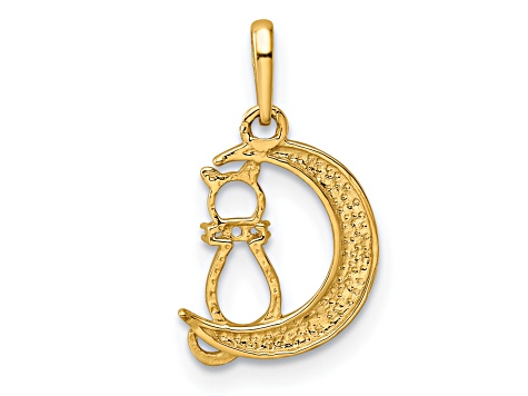 14K Yellow Gold Childrens Cubic Zirconia Cat and Moon Pendant