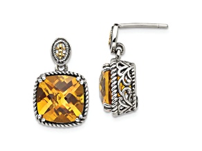 Sterling Silver Antiqued with 14K Accent Citrine Dangle Post Earrings