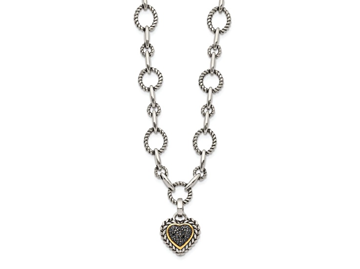 Sterling Silver Antiqued with 14K Accent Black Diamond Heart Drop Necklace