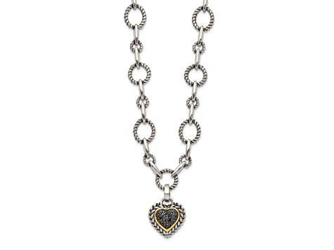 Sterling Silver Antiqued with 14K Accent Black Diamond Heart Drop Necklace