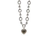 Sterling Silver Antiqued with 14K Accent Black Diamond Heart Drop Necklace