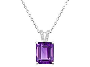 10x8mm Emerald Cut Amethyst With Diamond Accents Rhodium Over Sterling Silver Pendant with Chain