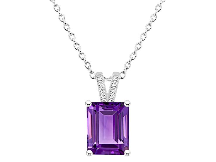 10x8mm Emerald Cut Amethyst With Diamond Accents Rhodium Over Sterling Silver Pendant with Chain