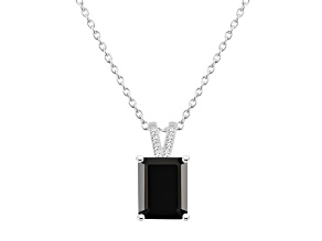 10x8mm Emerald Cut Black Onyx With Diamond Accents Rhodium Over Sterling Silver Pendant with Chain
