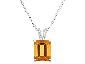 10x8mm Emerald Cut Citrine With Diamond Accents Rhodium Over Sterling Silver Pendant with Chain