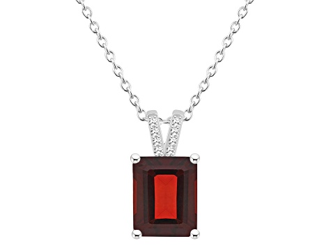 10x8mm Emerald Cut Garnet With Diamond Accents Rhodium Over Sterling Silver Pendant with Chain