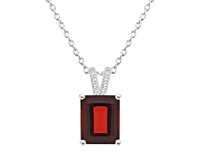 10x8mm Emerald Cut Garnet With Diamond Accents Rhodium Over Sterling Silver Pendant with Chain
