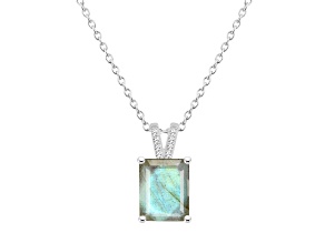 10x8mm Emerald Cut Labradorite With Diamond Accents Rhodium Over Sterling Silver Pendant with Chain