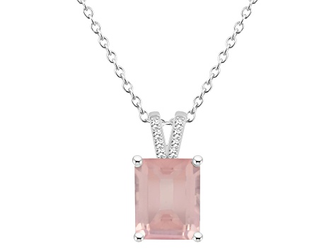 10x8mm Emerald Cut Rose Quartz With Diamond Accents Rhodium Over Sterling Silver Pendant with Chain