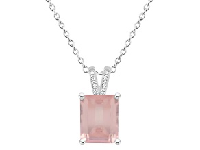 10x8mm Emerald Cut Rose Quartz With Diamond Accents Rhodium Over Sterling Silver Pendant with Chain