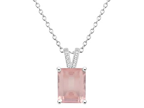 10x8mm Emerald Cut Rose Quartz With Diamond Accents Rhodium Over Sterling Silver Pendant with Chain