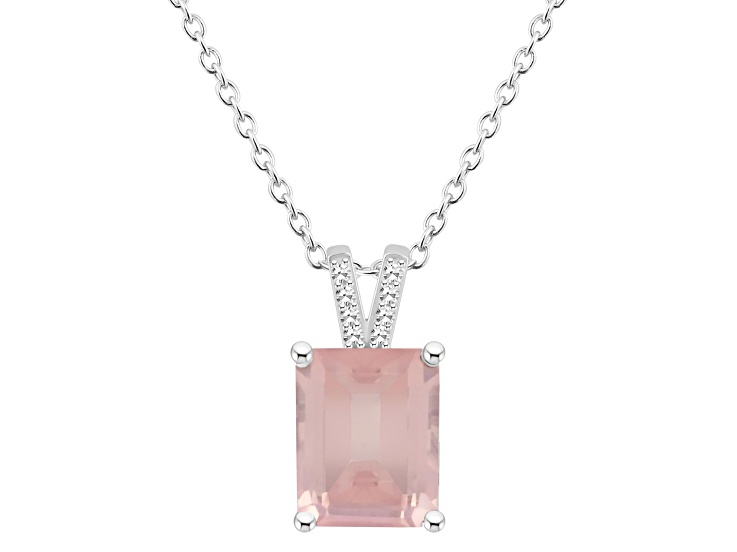 10x8mm Emerald Cut Rose Quartz With Diamond Accents Rhodium Over Sterling Silver Pendant with Chain
