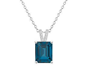 10x8mm Emerald Cut London Blue Topaz With Diamond Accents Rhodium Over Sterling Pendant with Chain