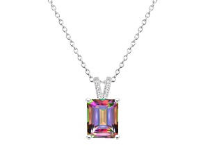 10x8mm Emerald Cut Mystic Topaz With Diamond Accents Rhodium Over Sterling Silver Pendant with Chain
