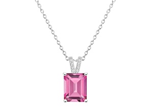 10x8mm Emerald Cut Pink Topaz With Diamond Accents Rhodium Over Sterling Silver Pendant with Chain