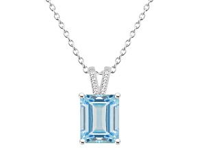 10x8mm Emerald Cut Sky Blue Topaz With Diamond Accents Rhodium Over Sterling Silver Pendant w/ Chain