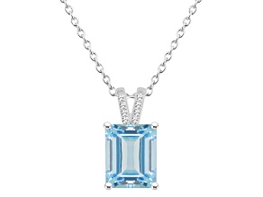 10x8mm Emerald Cut Sky Blue Topaz With Diamond Accents Rhodium Over Sterling Silver Pendant w/ Chain