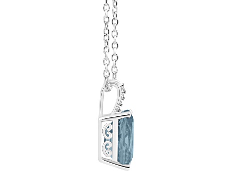 10x8mm Emerald Cut Sky Blue Topaz With Diamond Accents Rhodium Over Sterling Silver Pendant w/ Chain