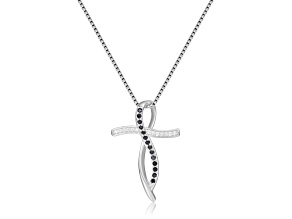 Round Black Sapphire and White Sapphire Sterling Silver Cross Pendant With Chain