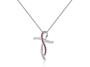 Round Ruby and White Sapphire Sterling Silver Cross Pendant With Chain