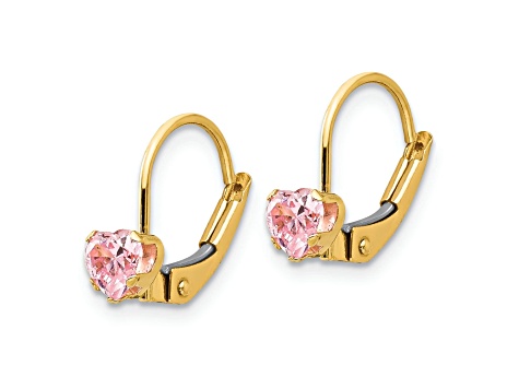 14k Yellow Gold Leverback 4mm Pink Cubic Zirconia Earrings