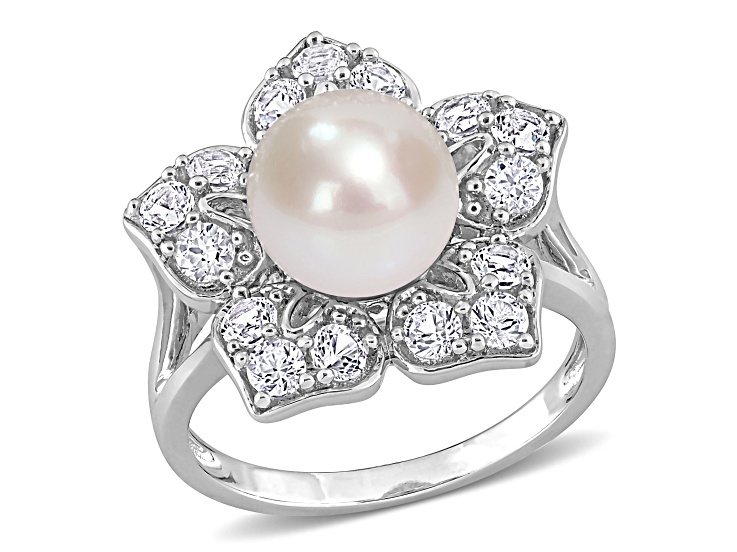8.5-9MM FW Cultured Pearl and Created White Sapphire Floral Pearl