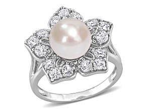 8.5-9MM FW Cultured Pearl and Created White Sapphire Floral Pearl Ring in Sterling Silver