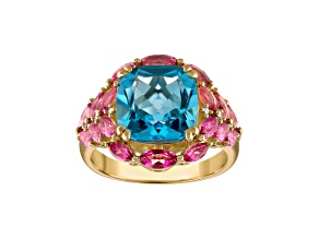 Swiss Blue and Pink Topaz with Diamonds 14K Yellow Gold Plated Sterling Silver Ring 7.52ctw