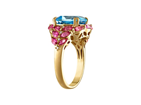 Swiss Blue and Pink Topaz with Diamonds 14K Yellow Gold Plated Sterling Silver Ring 7.52ctw