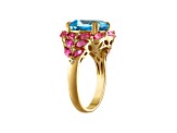 Swiss Blue and Pink Topaz with Diamonds 14K Yellow Gold Plated Sterling Silver Ring 7.52ctw