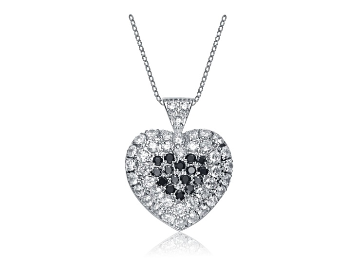 Black and Clear Color Cubic Zirconia, Rhodium Plated over Sterling Silver Heart Necklace
