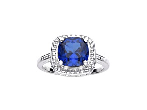 Square Cushion Lab Created Blue Sapphire Rhodium Over Sterling Silver Solitaire Beaded Halo Ring