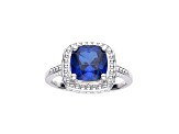 Square Cushion Lab Created Blue Sapphire Rhodium Over Sterling Silver Solitaire Beaded Halo Ring